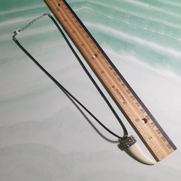 Faux Elephant Tooth Pendant Necklace Black Cord Silver Tone Tribal Accents - Picture 4 of 4